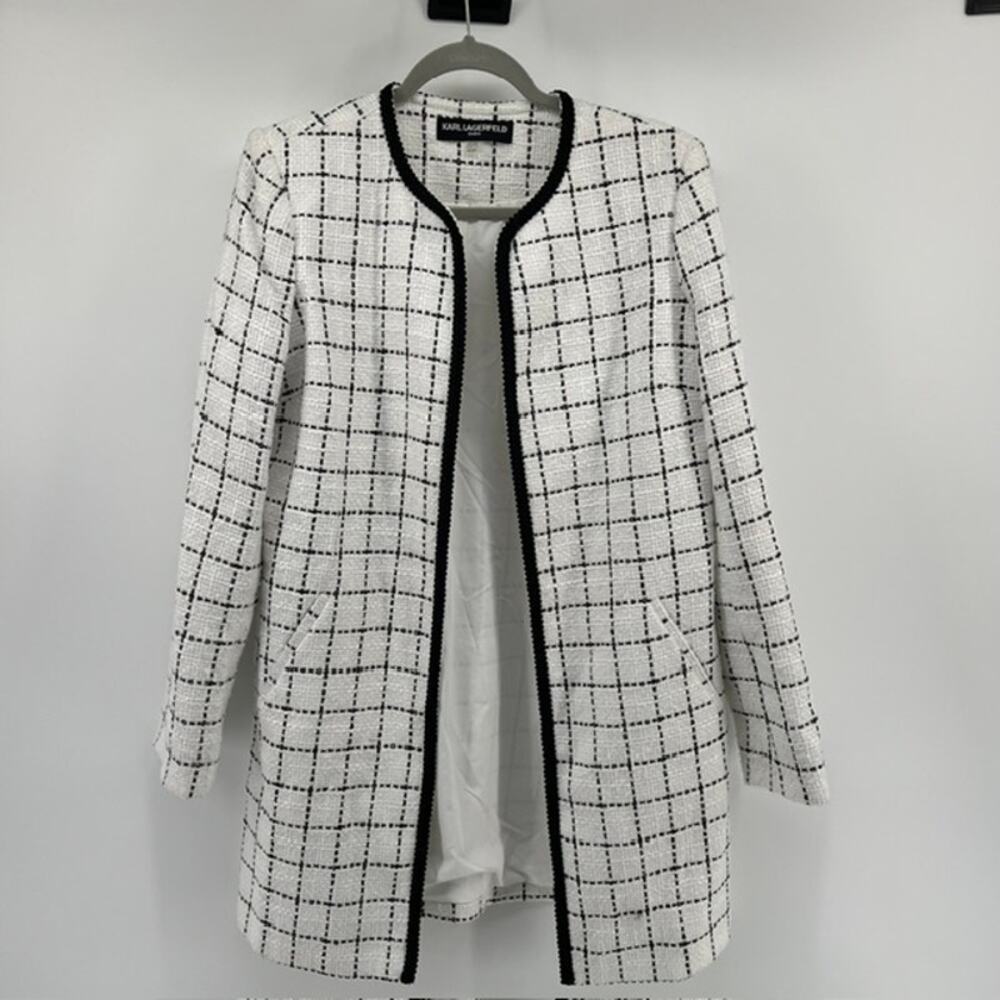 Karl Lagerfeld Open Front Tweed Jacket Womens S Black White Office Professional